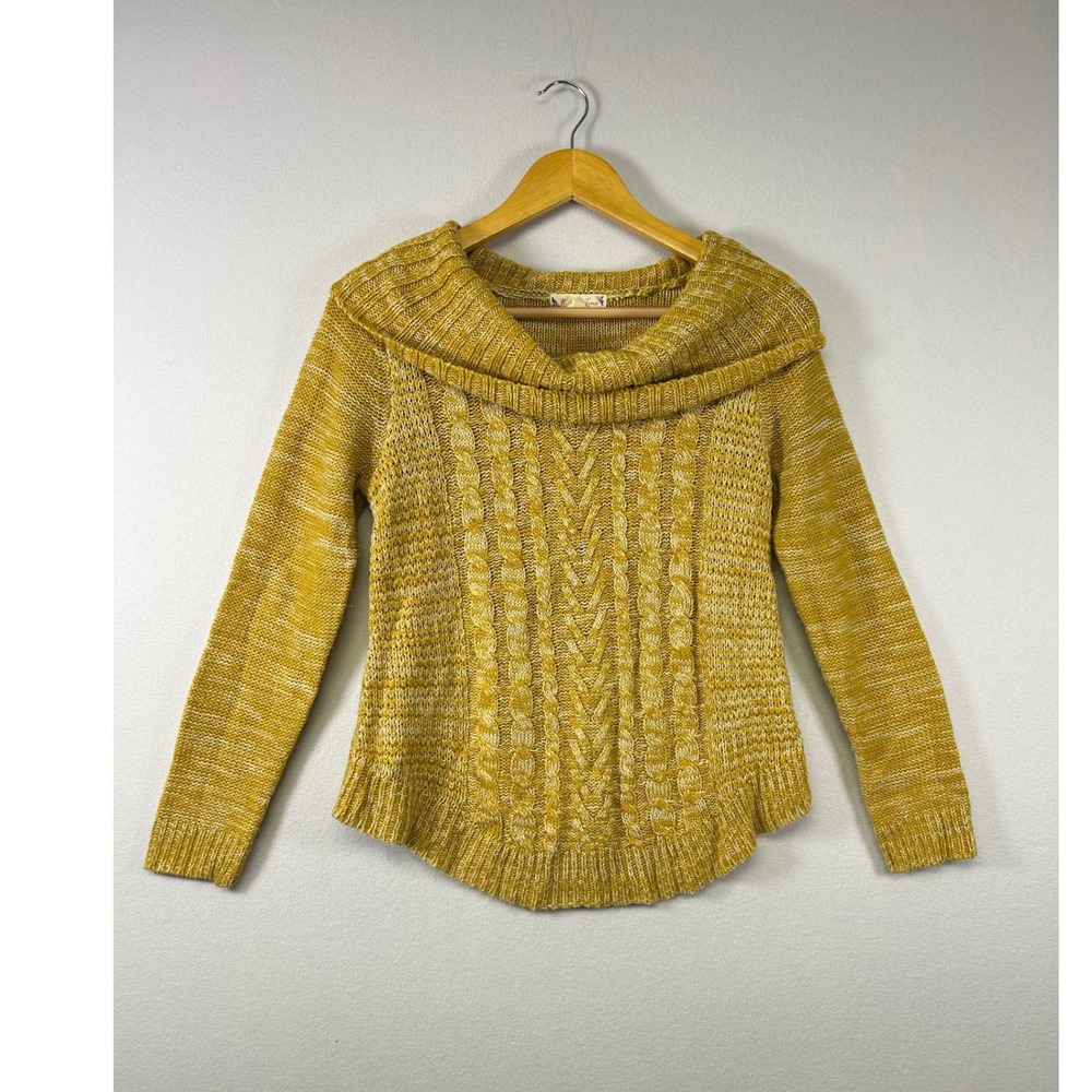 It's Our Time Sweater Women XS Mustard Yellow Cowl Neck Cable‎ Knit J68811